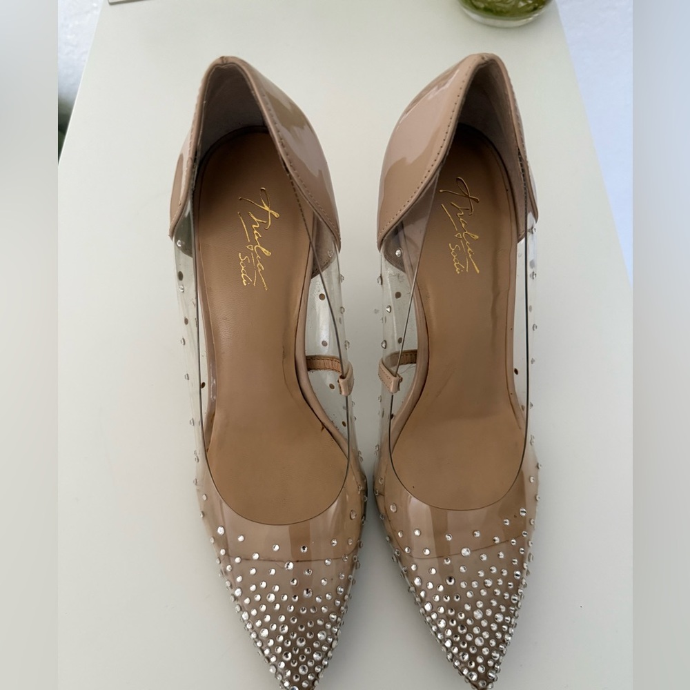Elegant Tan Stiletto Heels with Rhinestone Detailing